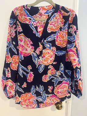 Lilly Pulitzer Navy Elsa Blouse with Pink and Orange Accents